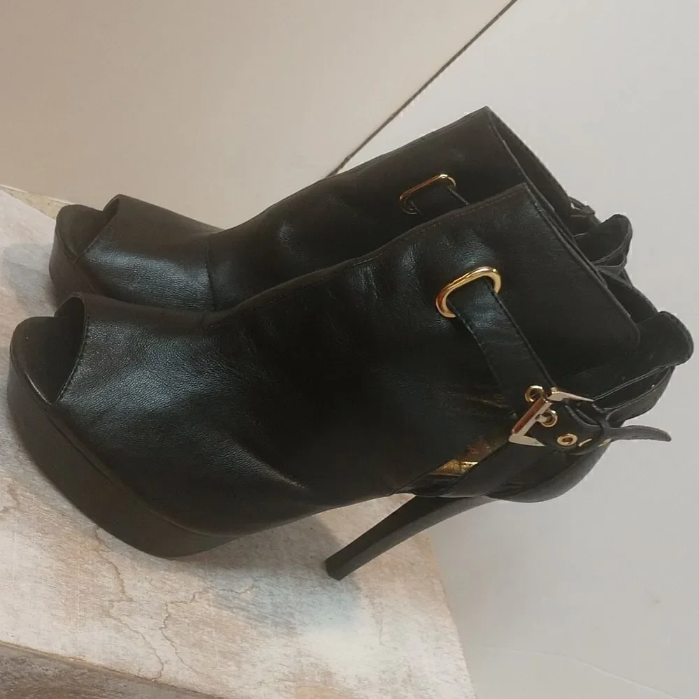 👍 NYLA Mariah Black Leather Heels Size 9 Dominatrix  Dance  A6